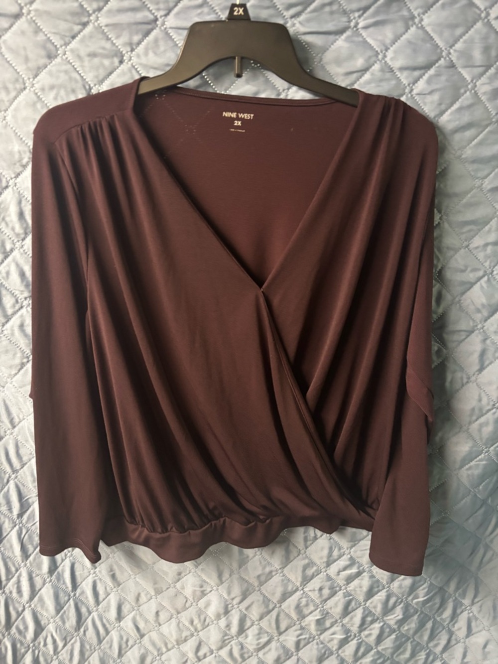 Nine West Deep Plum Faux-Wrap Long Sleeve Top